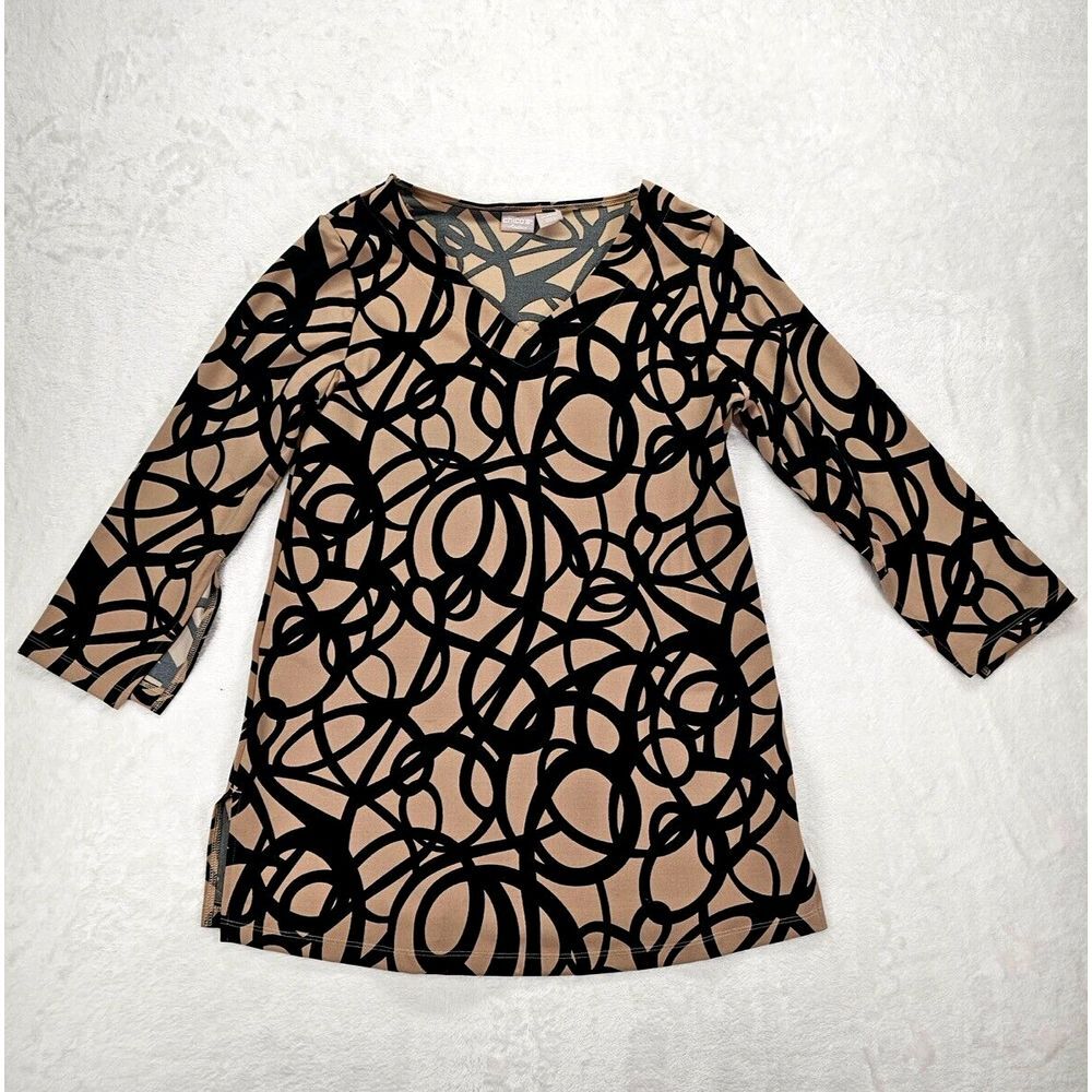 Chicos Travelers Ribbon-Print Tunic 3/4 Bell Sleeve Abstract Print Cream 0/S EUC